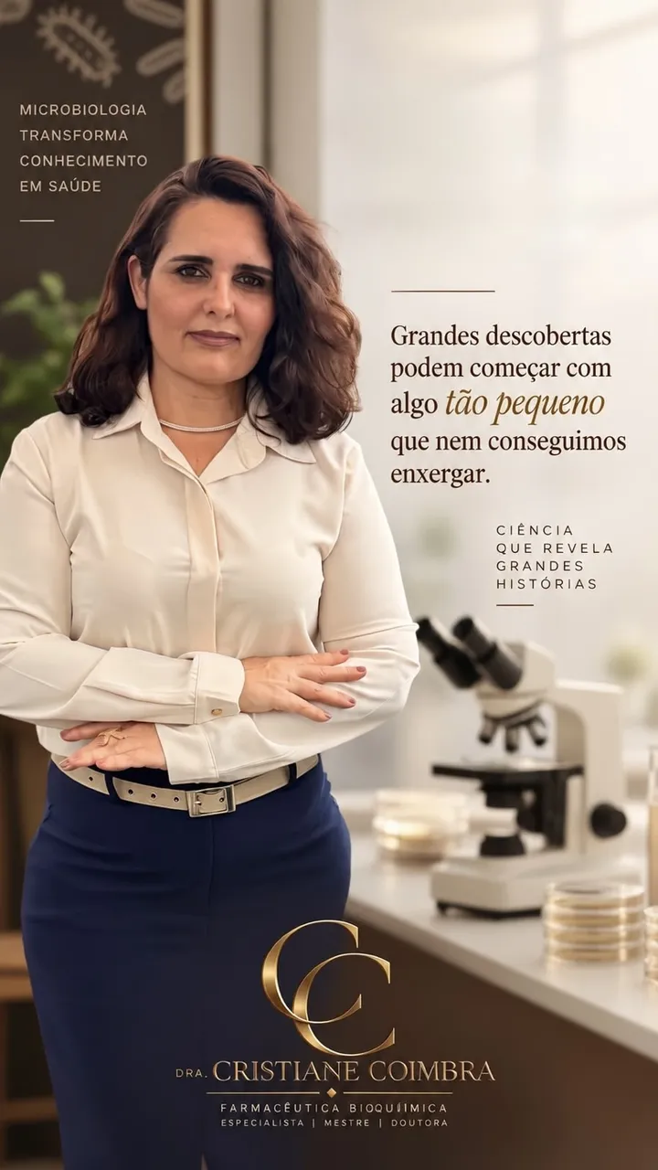 Dra. Cristiane em um laboratório, ao lado de um microscópio. Grandes descobertas podem começar com algo tão pequeno que nem conseguimos enxergar