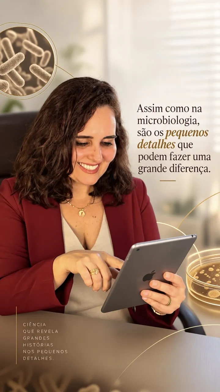 Dra. Cristiane sorrindo e usando um tablet. Assim como na microbiologia, são os pequenos detalhes que podem fazer uma grande diferença